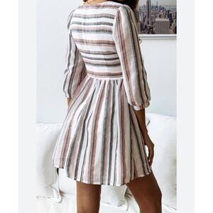 Ecowish Babydoll Pleated Dress Sz L Stripe Lightweight Linen Blend Short Length